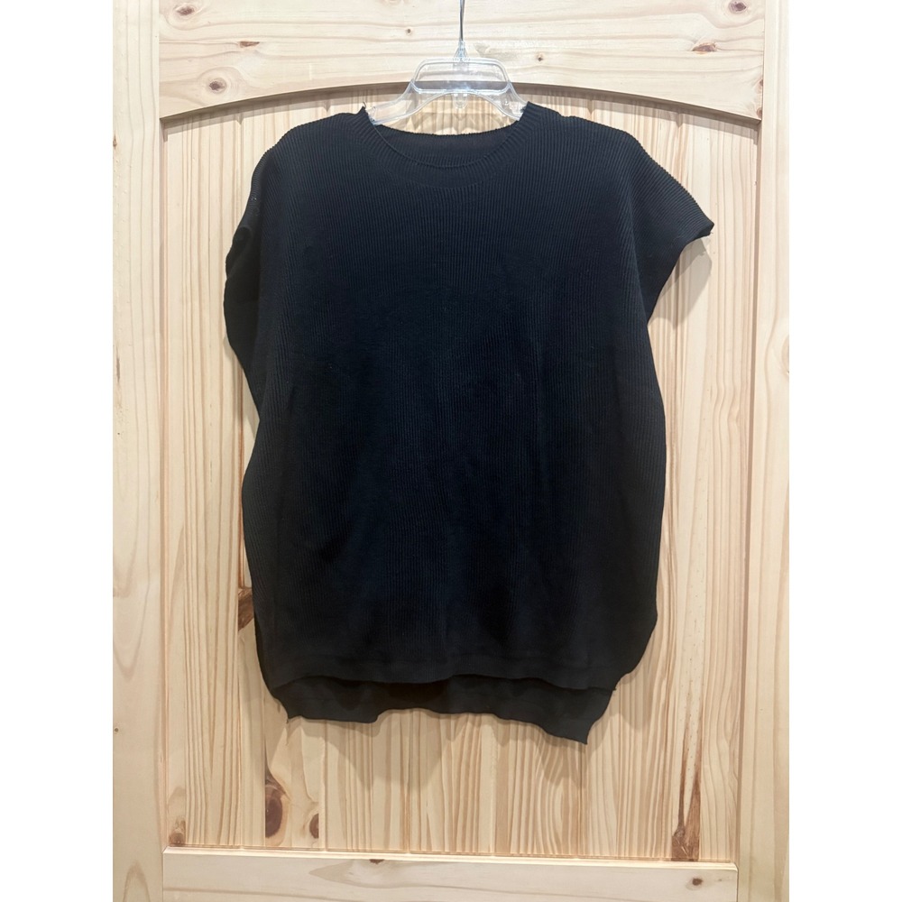 Black Ribbed Knit Cap Sleeve Sweater Vest Crew Neck High Low Hem Size L